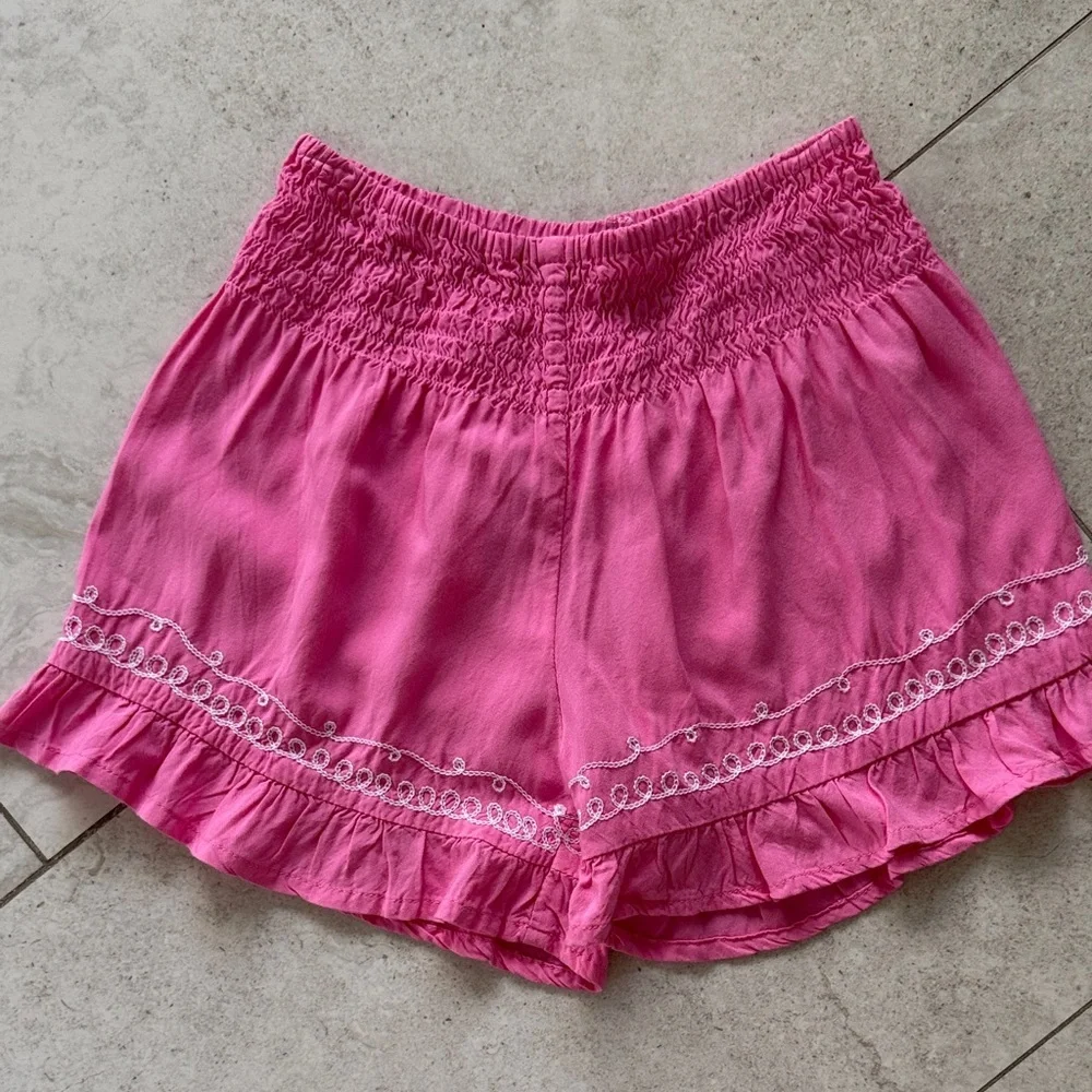 Haven Girl Pink Smocked Waist Ruffle Hem Shorts with White Embroidery sz 10